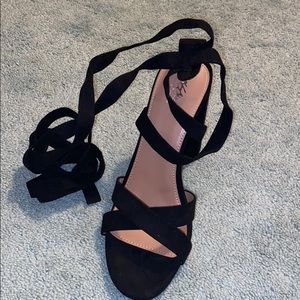 Black tie up block heels